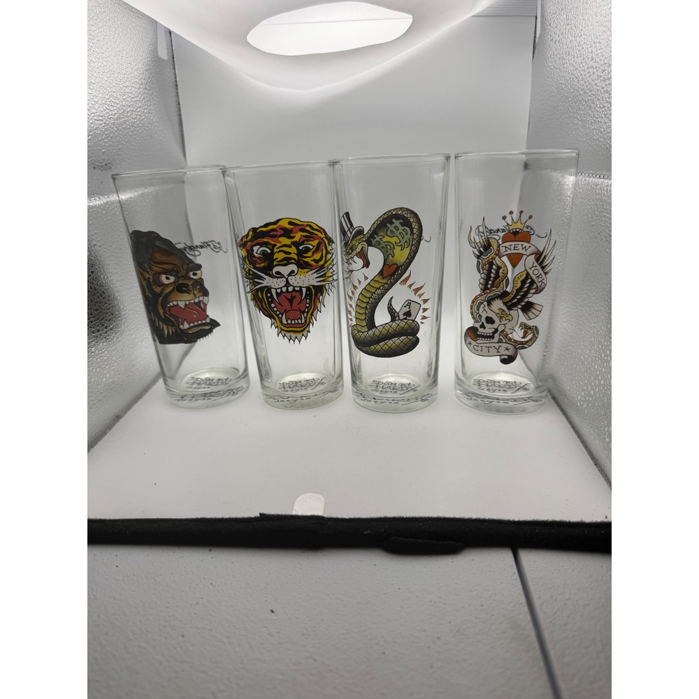 Ed Hardy Tattoo Art Highball Glasses Set of 4 Tiger Gorilla Snake Eagle Skull